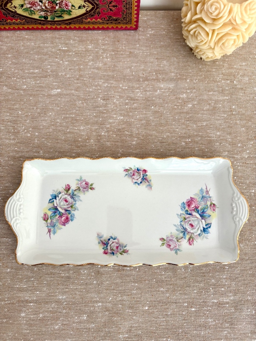 Vintage Porcelain Pink Rose Vanity Tray Scalloped Gold Trim Sandwich Tray